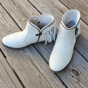 BAMBOO Beige Fringe Ankle Booties